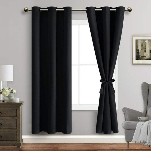 JIUZHEN Black Blackout Curtains for Bedroom with Tiebacks Thermal