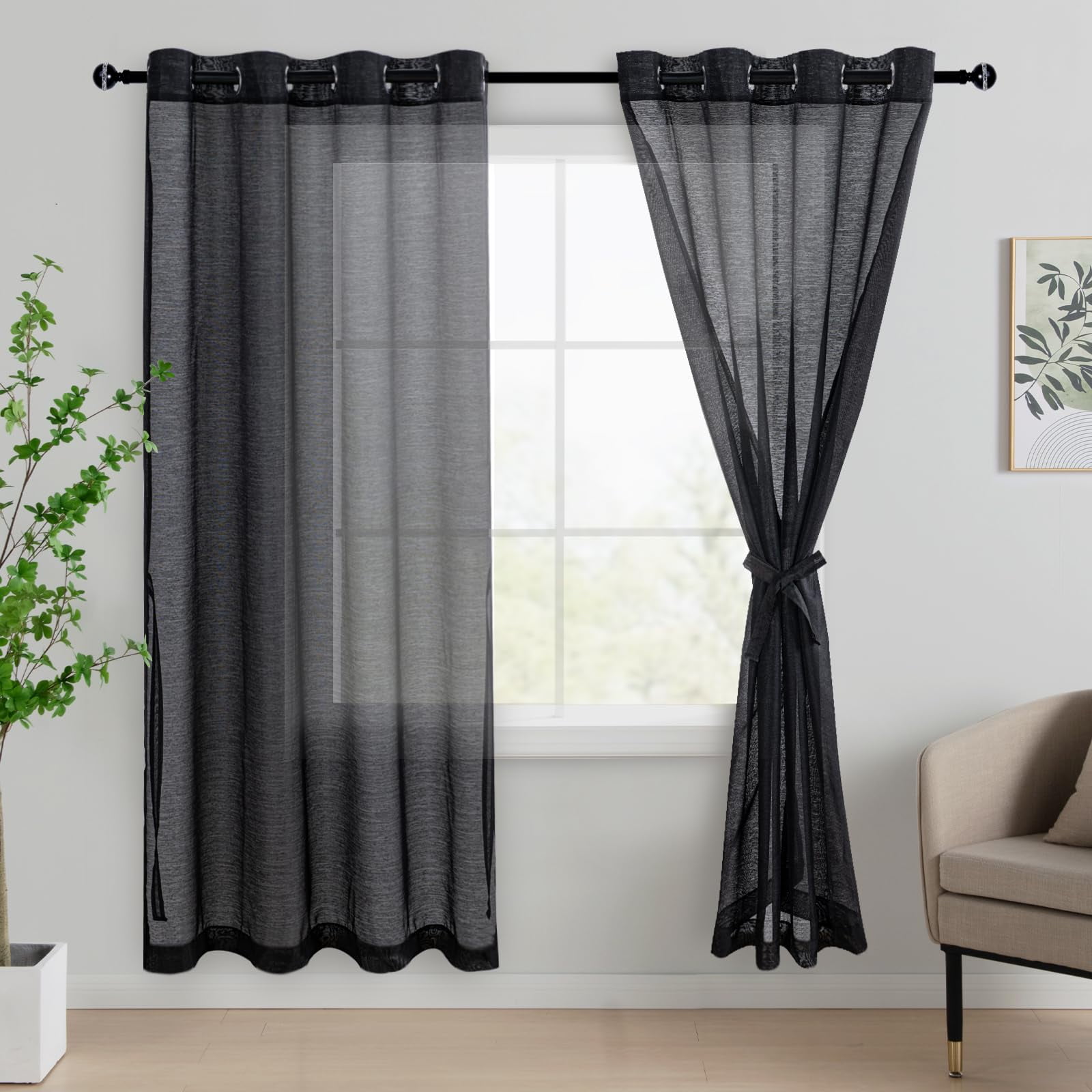 JIUZHEN Black Sheer Curtains 72 Inches Long - Semi