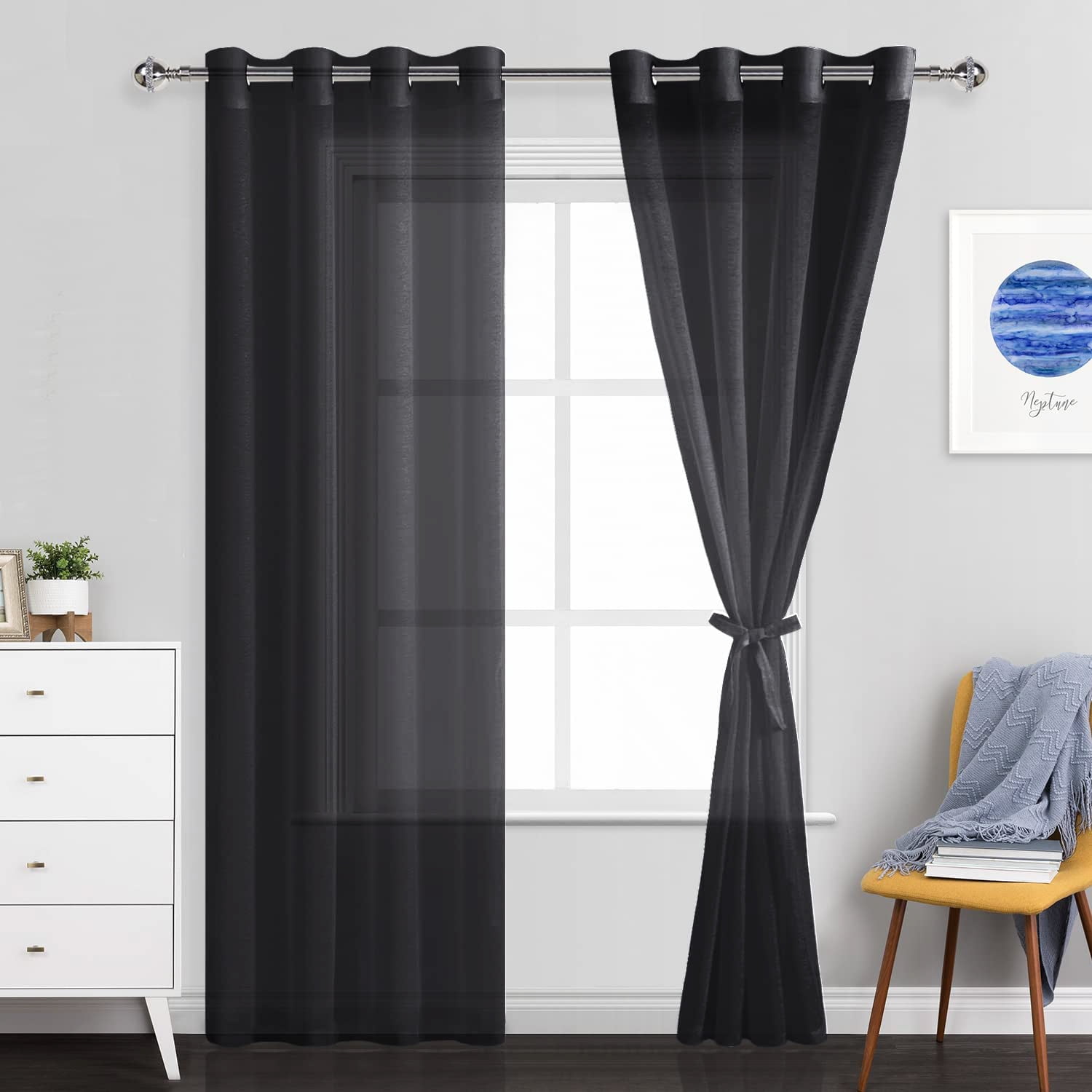 JIUZHEN Black Sheer Curtains 90 Inches Long Semi Transparent Light Filtering Grommet Window