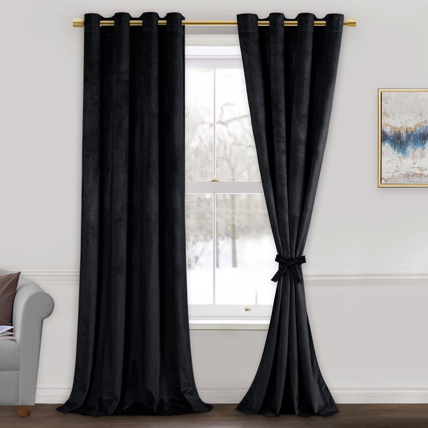 JIUZHEN Black Velvet Curtains for Living Room 84 Inches Long Thermal