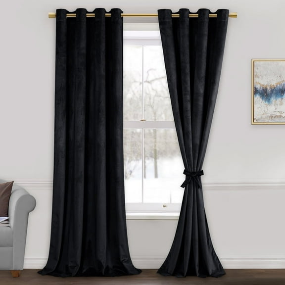 JIUZHEN Black Velvet Curtains for Living Room - 84 Inches Long Thermal Insulated Room Darkening Window Blackout Drapes for Bedroom/Movie/Background, Set of 2 Panels with Tiebacks, 52 x 84 inches