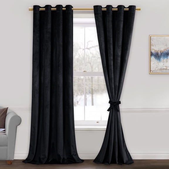 JIUZHEN Black Velvet Curtains for Living Room - 96 Inches Long Thermal Insulated Room Darkening Window Blackout Drapes for Bedroom/Movie/Background, Set of 2 Panels with Tiebacks, 52 x 96 inches
