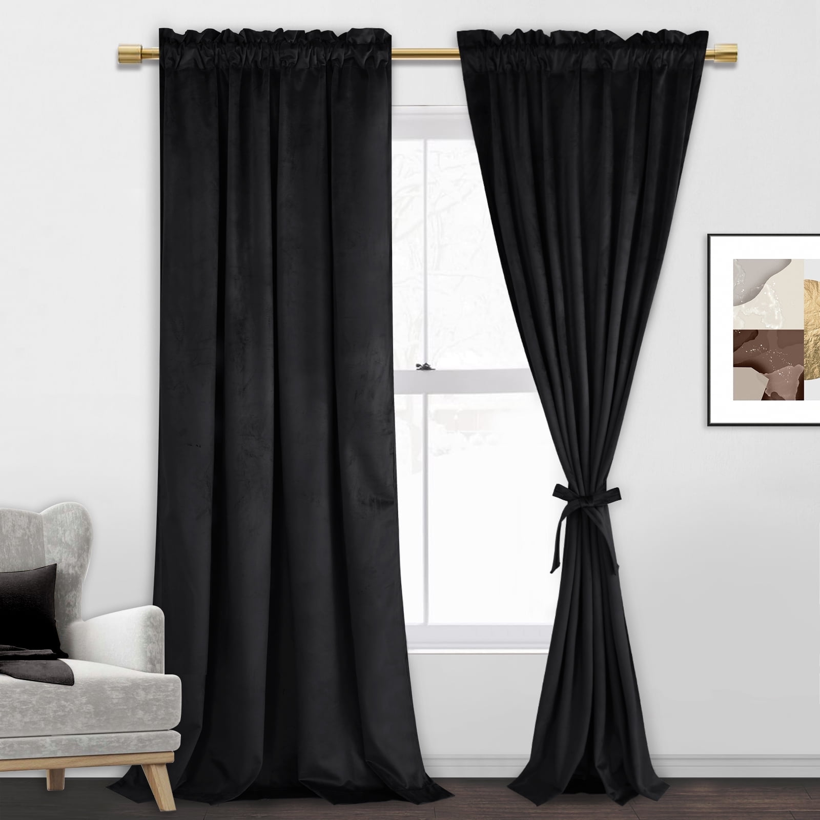 Black Velvet 96-Inch Blackout Curtain Panels with Rod Pocket