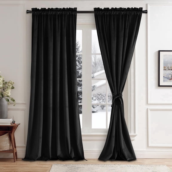 JIUZHEN Black Velvet Curtains for Living Room -96 inches Long Rod Pocket Thermal Insulated Room Darkening Window Drapes for Bedroom, Set of 2 Panels with Tiebacks, 52 x 96 inches