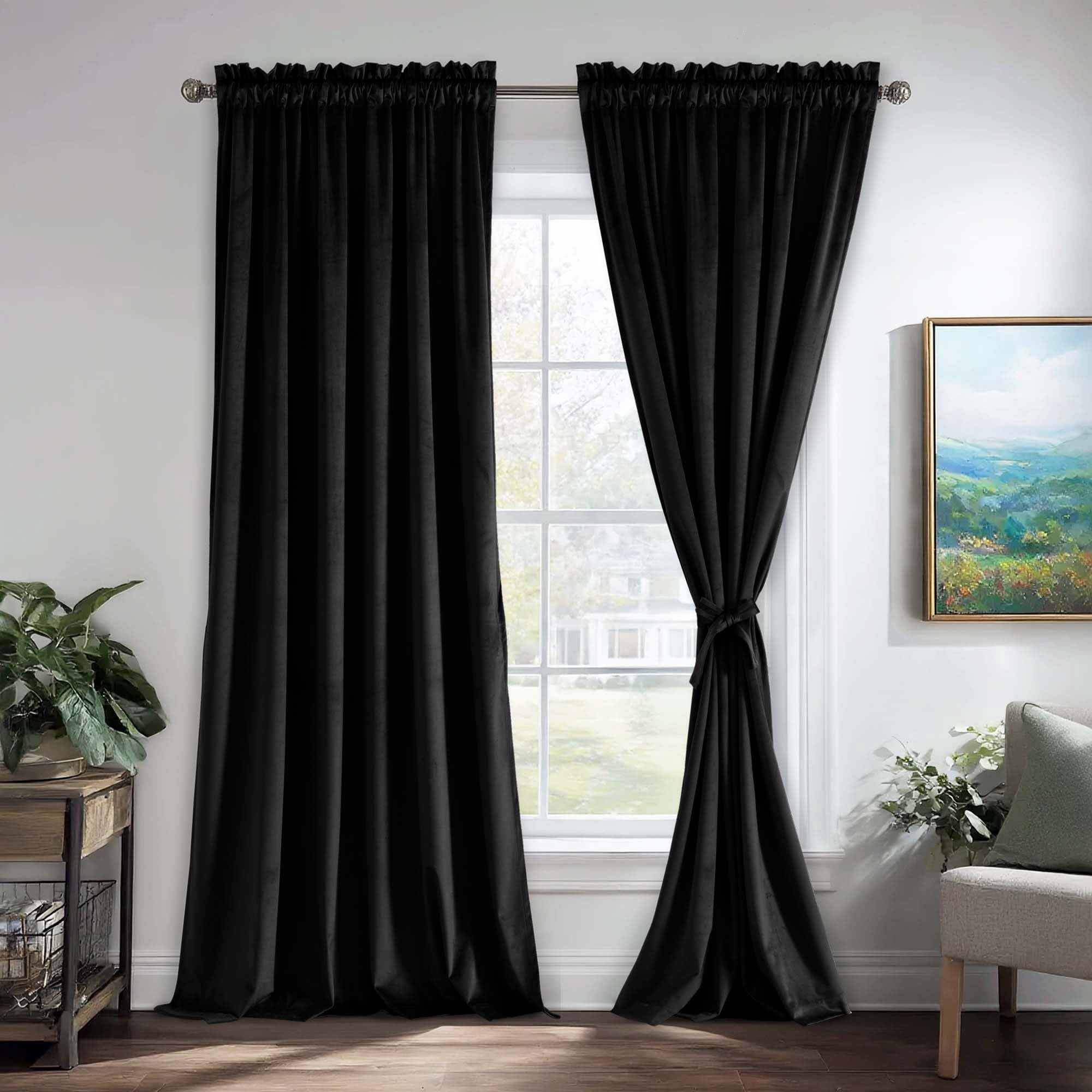JIUZHEN Black Velvet Curtains for Living Room -96 inches Long Rod Pocket Thermal Insulated Room Darkening Window Drapes for Bedroom, Set of 2 Panels with Tiebacks, 52 x 96 inches - Walmart.com
