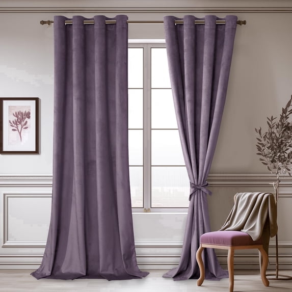 JIUZHEN Blackout 52 x 90 inches Velvet Curtains with Tiebacks - Thermal Insulated Soundproof Grommet Drapes for Bedroom Wedding Living Room Home Theater, Set of 2 panels, Lavender