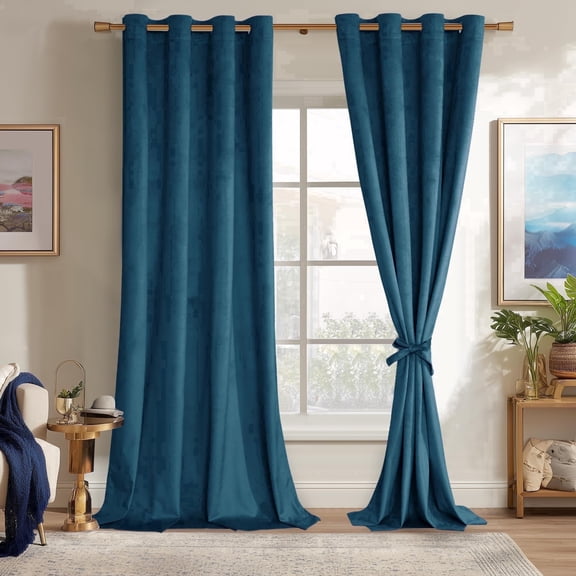 JIUZHEN Blackout 52 x 90 inches Velvet Curtains with Tiebacks - Thermal Insulated Soundproof Grommet Drapes for Bedroom Wedding Living Room Home Theater, Set of 2 panels, Navy