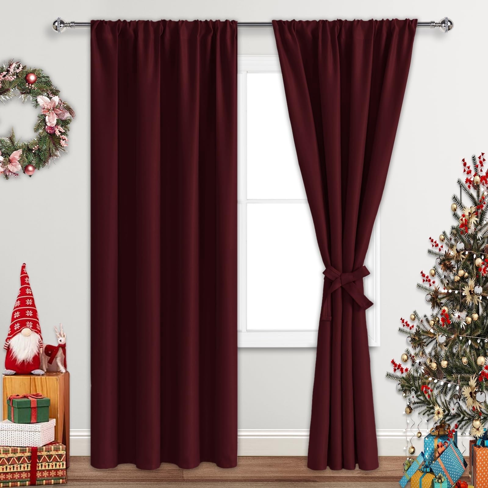 JIUZHEN Blackout Curtains for Bedroom & Living Room - Thermal Insulated Noise Reducing with Tie Backs, Room Darkening Rod Pocket Window Curtains, Set of 2 Panels, 42 x 84 Inch Length, Burgundy