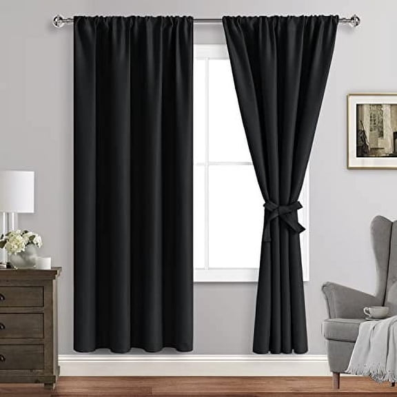 JIUZHEN Blackout Curtains for Bedroom - Thermal Insulated Room Darkening Noise Reducing, 42 x 72Inch Length Curtains for Living Room, Set of 2 Panels with Tiebacks, Black