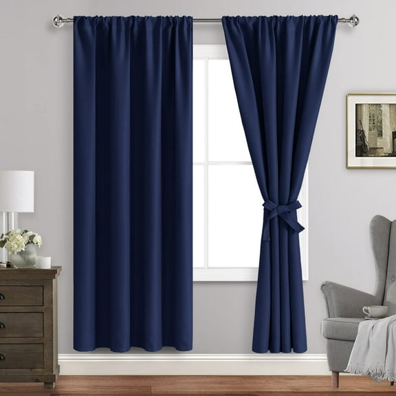 JIUZHEN Blackout Curtains for Bedroom - Thermal Insulated Room Darkening Noise Reducing, 42 x 72Inch Length Curtains for Living Room, Set of 2 Panels with Tiebacks, Navy Blue