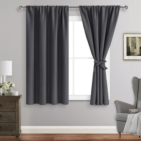 JIUZHEN Blackout Curtains for Bedroom - Thermal Insulated Room Darkening Rod Pocket Curtains for Living Room, Set of 2 Panels with Tiebacks, 38 x 54 inches Long, Dark Grey