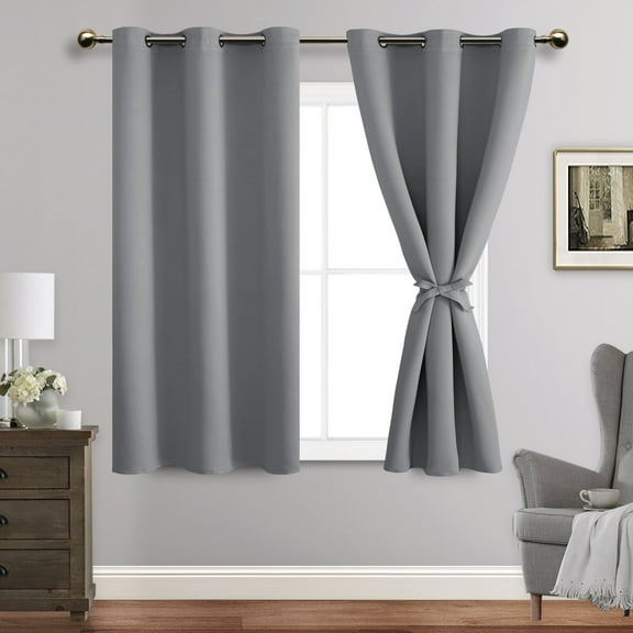 JIUZHEN Blackout curtains for Bedroom with Tiebacks - Room Darkening Privacy Grommet Top Window Curtains for Living Room, 38 x 45 inch Length, Light Grey, Set of 2 Panels