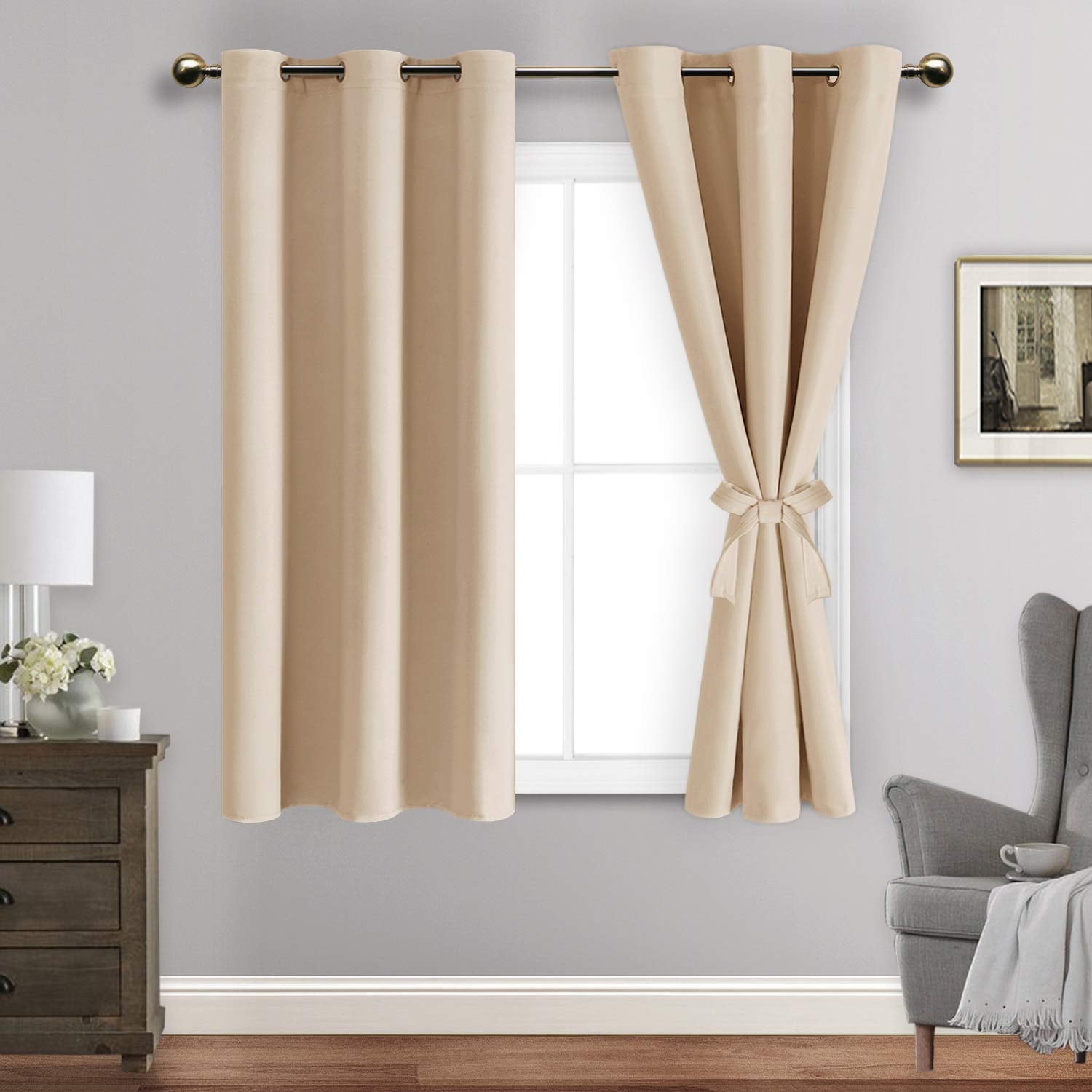 JIUZHEN Blackout curtains for Bedroom with Tiebacks - Room Darkening Privacy Grommet Top Window Curtains for Living Room, 38 x 54 inch Length, Beige, Set of 2