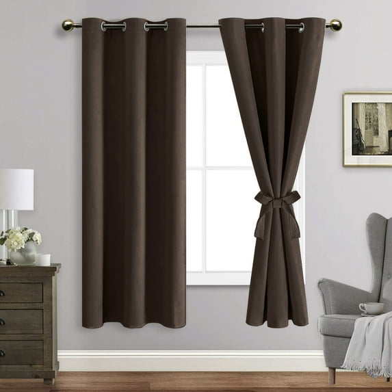 JIUZHEN Blackout curtains for Bedroom with Tiebacks - Room Darkening Privacy Grommet Top Window Curtains for Living Room, 42 x 63 inch Length, Brown, Set of 2 Panels