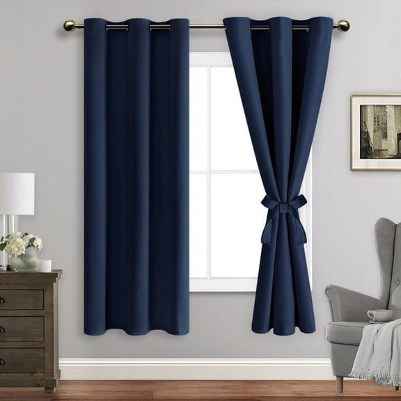 JIUZHEN Blackout curtains for Bedroom with Tiebacks - Room Darkening Privacy Grommet Top Window Curtains for Living Room, 42 x 63 inch Length, Navy , Set of 2 Panels