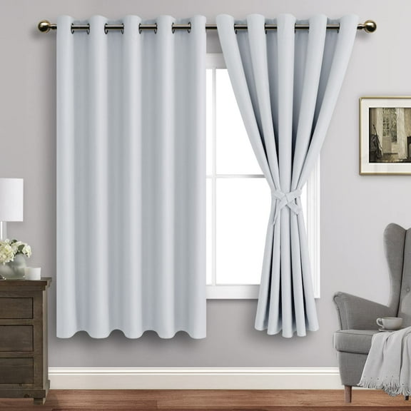JIUZHEN Blackout curtains for Bedroom with Tiebacks - Room Darkening Privacy Grommet Top Window Curtains for Living Room, 60 x 63 inch Length, Greyish White, Set of 2 Panels