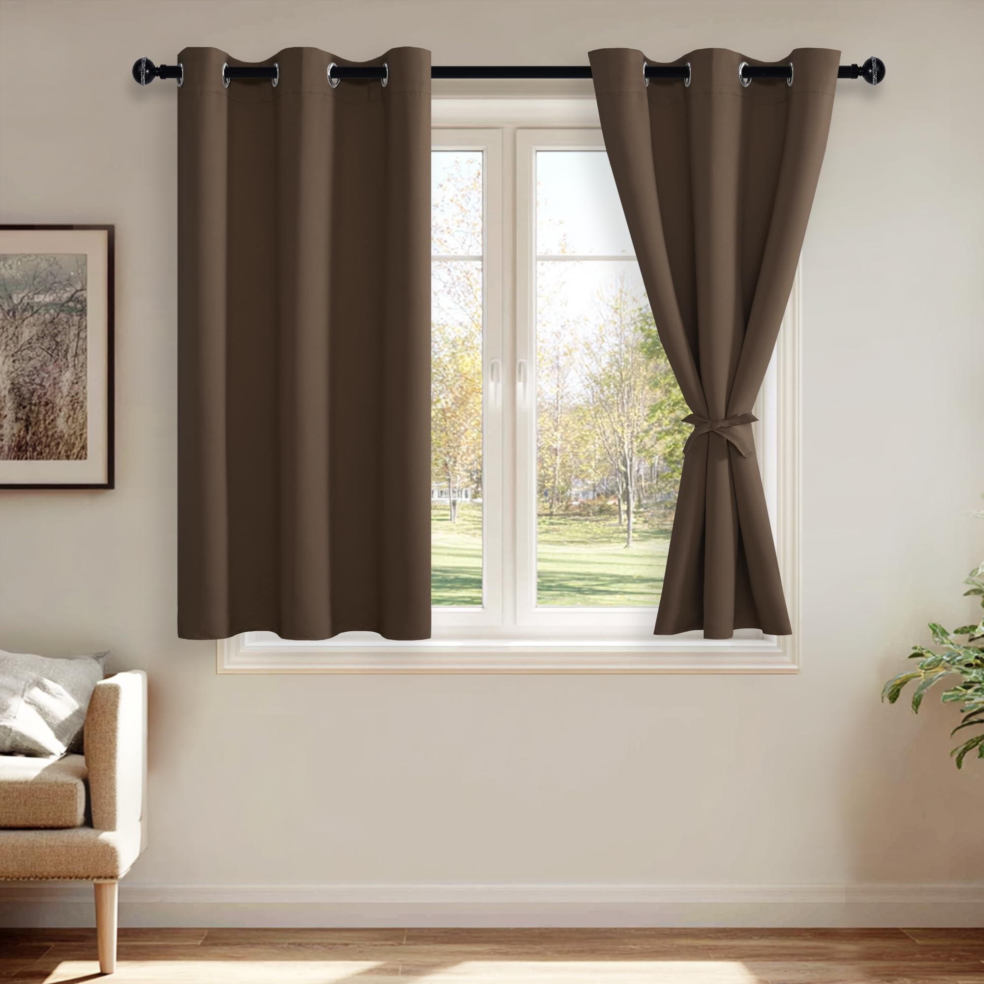 JIUZHEN Brown Grommet Blackout Curtains for Bedroom, Thermal Insulated & Light Blocking Window Curtains for Living Room, 2 Panels with Tiebacks, 42 x 54 Inch Length