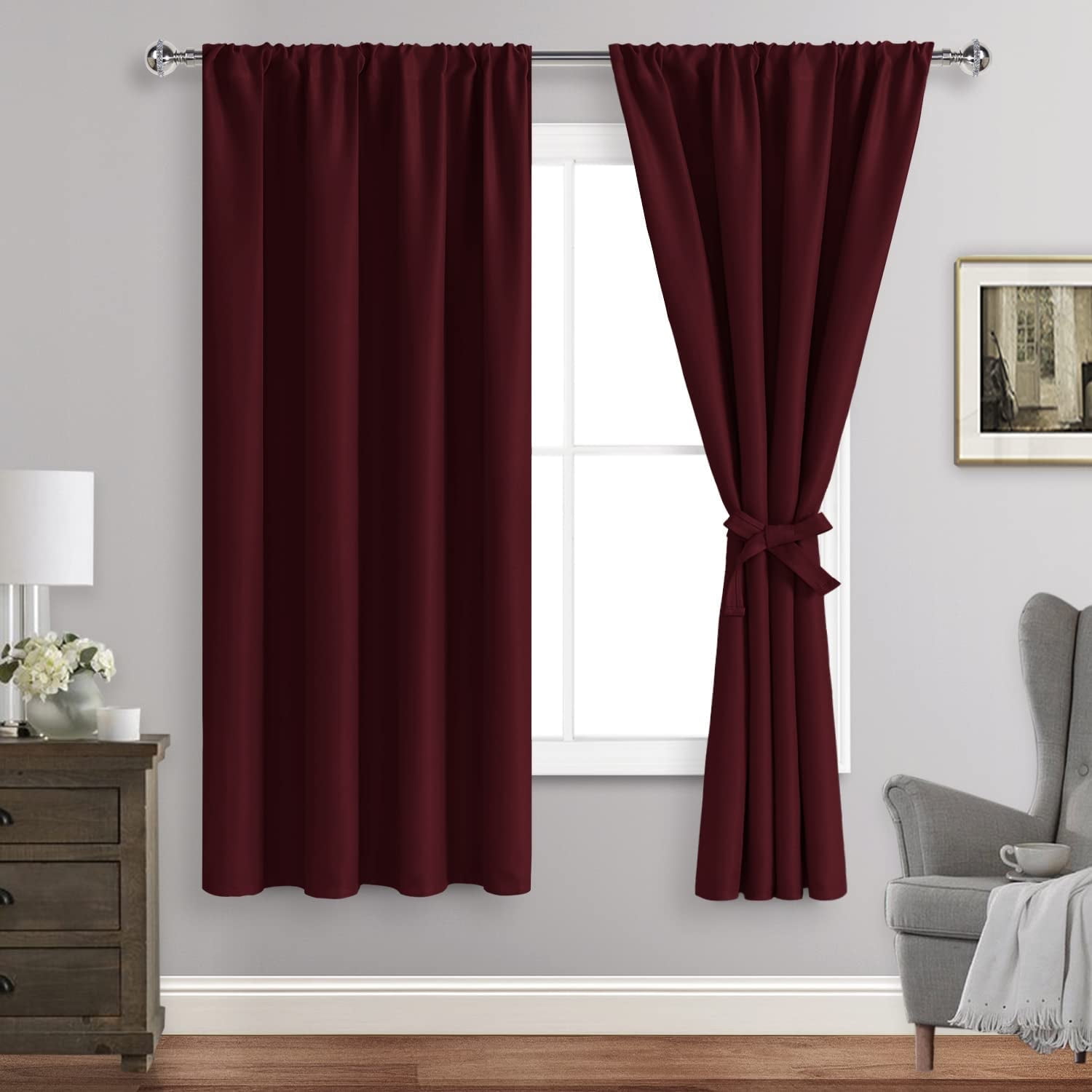 JIUZHEN Burgundy Blackout Curtains for Bedroom, Thermal Insulated & Noise Reducing with Tie Backs, Rod Pocket Room Darkening Window Curtains, Set of 2 Panels, 42 x 63 Inch Length