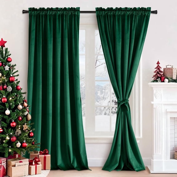 JIUZHEN Christmas Green Velvet Curtains 84 inches - Super Soft Retro Blackout Velvet Drapes Room Darkening Window Drapes for Living Room/Party, W52 x L84 inches, 2 Panels