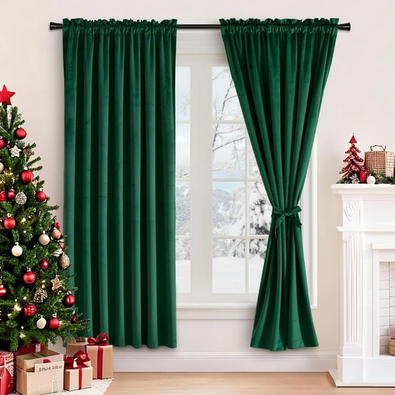 JIUZHEN Christmas Velvet Blackout Curtains for Bedroom - 63 inches Thermal Insulated Room Darkening Rod Pocket Drapes for Office/Party, Set of 2 Panels with Tiebacks, 52W x 63L, Green