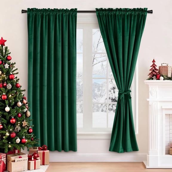 JIUZHEN Christmas Velvet Blackout Curtains for Living Room - 72 inches Thermal Insulated Room Darkening Rod Pocket Drapes for Office/Party, Set of 2 Panels with Tiebacks, 52W x 72L, Green