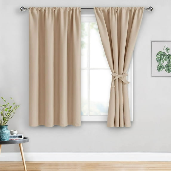 JIUZHEN Blackout Curtains for Bedroom - Thermal Insulated Room Darkening Rod Pocket Curtains for Living Room, Set of 2 Panels with Tiebacks, 42 x 54 inches Long, Beige