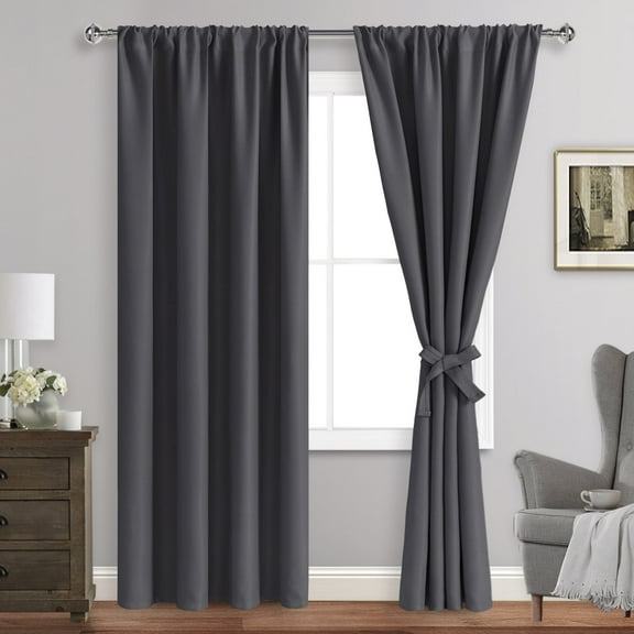JIUZHEN Blackout Curtains for Bedroom - Thermal Insulated Room Darkening Rod Pocket Curtains for Living Room, Set of 2 Panels with Tiebacks, 42 x 84 Inch Length, Dark Grey