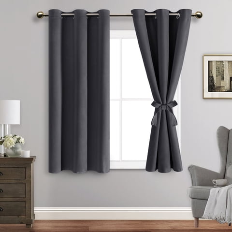 JIUZHEN Dark Grey Blackout Curtains for Bedroom with Tiebacks - Thermal Insulated Light Blocking Grommet Window Curtains for Living Room, 38 x 45 inch Length, Set of 2 Panels