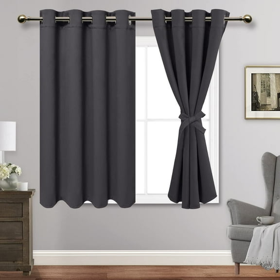 JIUZHEN Dark Grey Blackout Curtains for Bedroom with Tiebacks - Thermal Insulated Light Blocking Grommet Window Curtains for Living Room, 52 x 54 inch Length, Set of 2 Panels