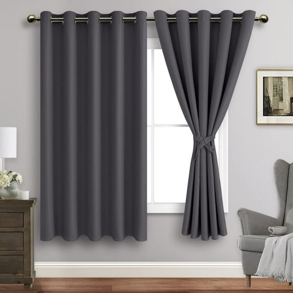 JIUZHEN Dark Grey Blackout Curtains for Bedroom with Tiebacks - Thermal Insulated Light Blocking Grommet Window Curtains for Living Room, 60 x 63 inch Length, Set of 2 Panels