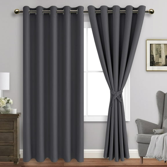 JIUZHEN Dark Grey Blackout Curtains for Bedroom with Tiebacks - Thermal Insulated Light Blocking Grommet Window Curtains for Living Room, 60 x 84 inch Length, Set of 2 Panels