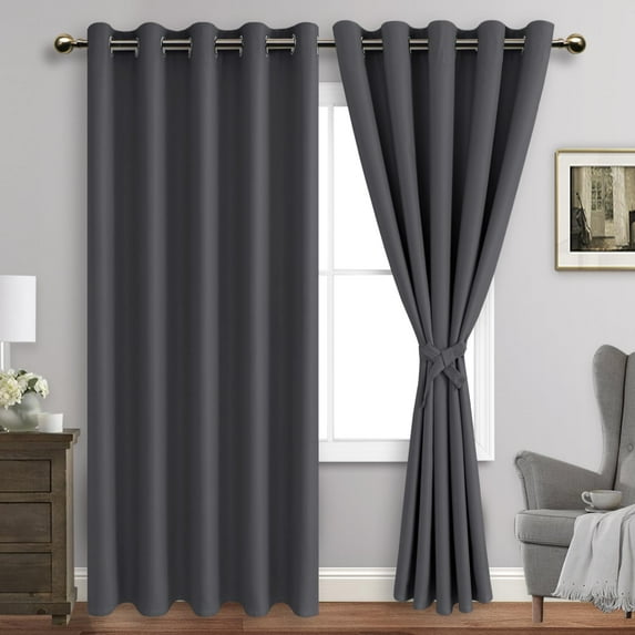 JIUZHEN Dark Grey Blackout Curtains for Bedroom with Tiebacks - Thermal Insulated Light Blocking Grommet Window Curtains for Living Room, 60 x 84 inch Length, Set of 2 Panels
