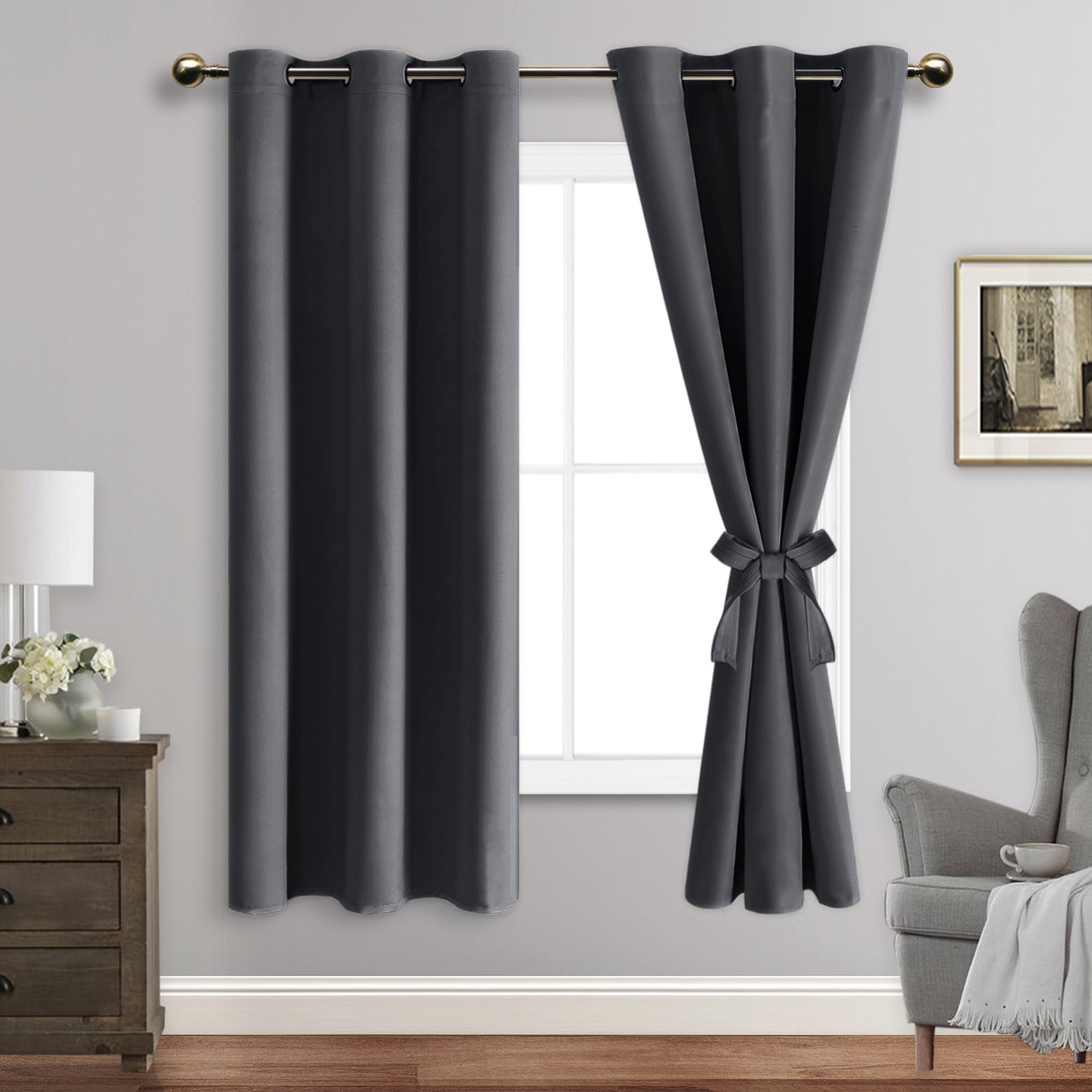 JIUZHEN Dark Grey Blackout Curtains for Bedroom with Tiebacks Thermal