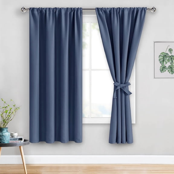 JIUZHEN Dusty Blue Blackout Curtains for Bedroom, Thermal Insulated & Noise Reducing with Tie Backs, Rod Pocket Room Darkening Window Curtains, Set of 2 Panels, 42 x 72 Inch Length