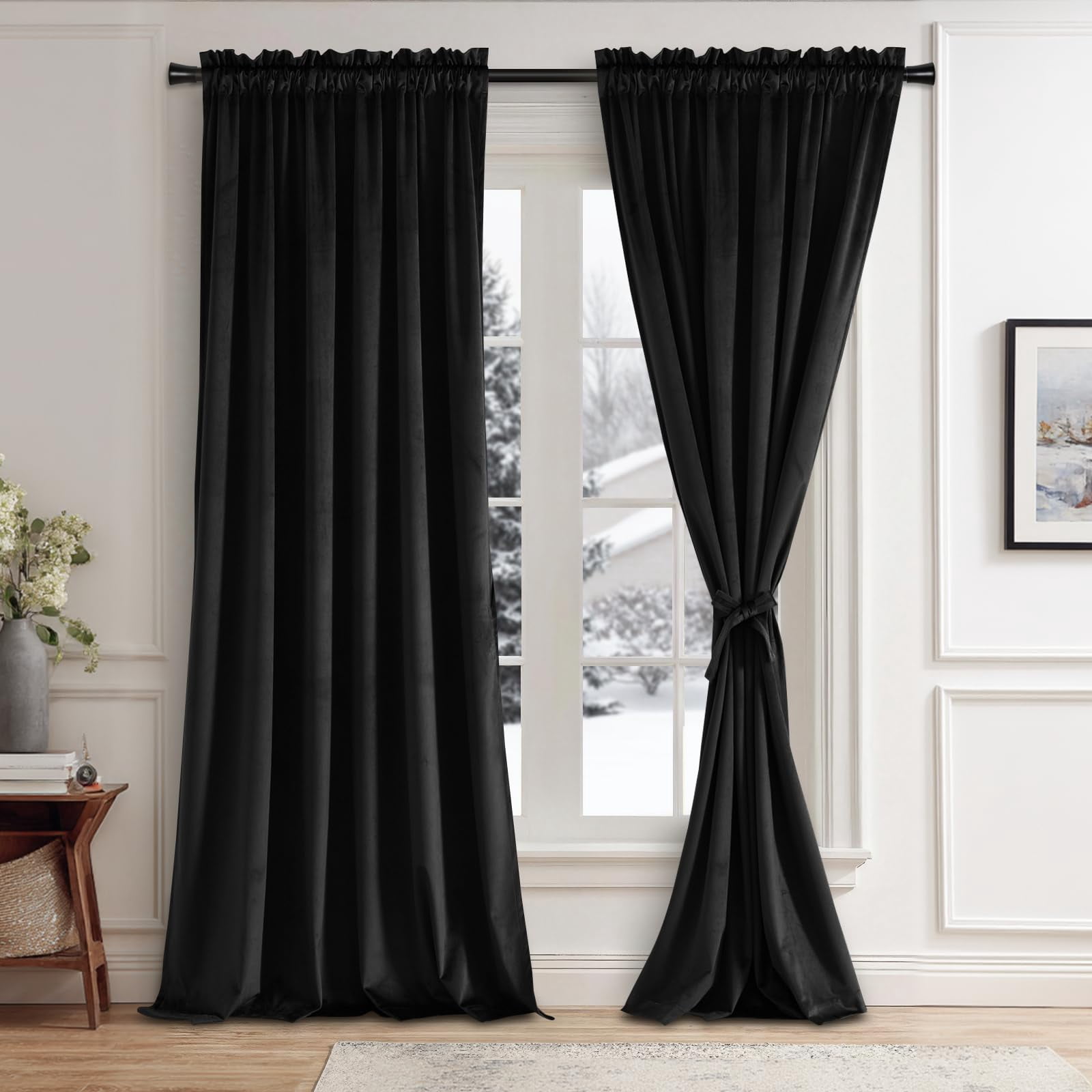JIUZHEN Extra Long Velvet Curtains 108 inches - Soft Retro Blackout Velvet Drapes Room Darkening Thermal Insulated for Living Room/Gallery, 52W x 108L, 2 Panels with Tiebacks,Black