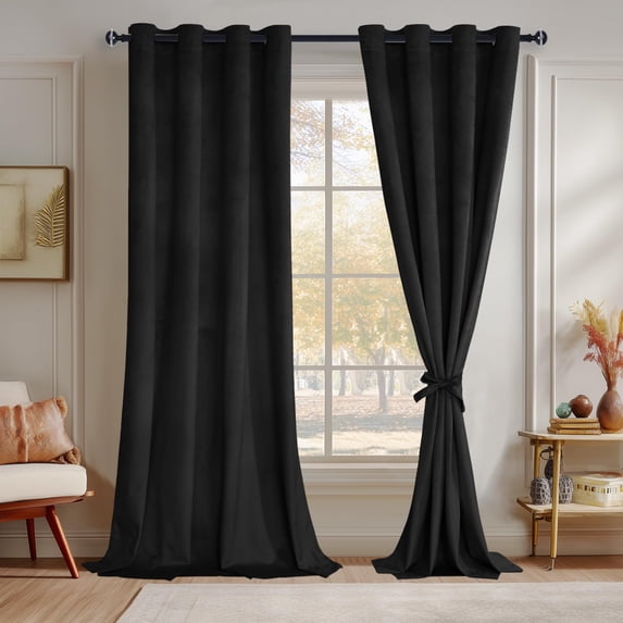 JIUZHEN Extra Long Velvet Curtains 108 inches - Soft Retro Blackout Velvet Drapes Room Darkening Thermal Insulated for Living Room/Gallery, 52W x 108L, 2 Panels with Tiebacks,Black