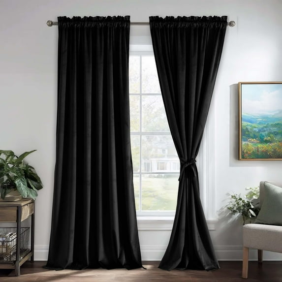 JIUZHEN Extra Long Velvet Curtains 108 inches - Soft Retro Blackout Velvet Drapes Room Darkening Thermal Insulated for Living Room/Gallery, 52W x 108L, 2 Panels with Tiebacks,Black