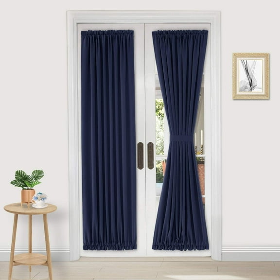 JIUZHEN French Door Curtain- Thermal Insulated Doorway Blackout Curtain with Rod Pocket for Kitchen/Patio Doors,1 Curtain Panel with Tieback, 25 X 72 Inches Long, Navy Blue