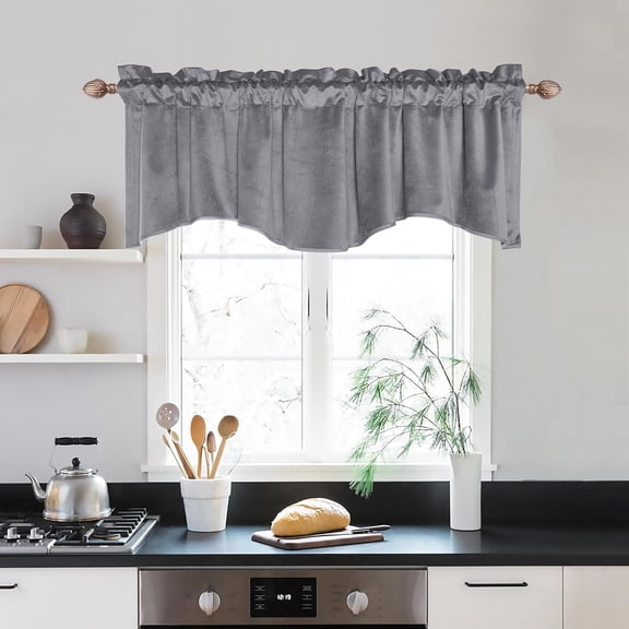 JIUZHEN Grey Valance for Windows, Living Room, Bedroom - Velvet Scalloped Curtains, Velvet Texture Tiers Window Dressing, 42" x 18", 1 Panel