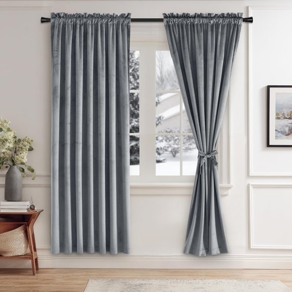 JIUZHEN Grey Velvet Curtains for Bedroom - 63 inches Thermal Insulated Room Darkening Rod Pocket Blackout Drapes for Office/Closet, Set of 2 Panels with Tiebacks, 52W x 63L