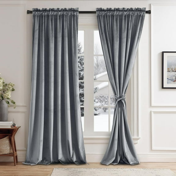 JIUZHEN Grey Velvet Curtains for Living Room -108 inches Long Rod Pocket Thermal Insulated Room Darkening Window Drapes for Bedroom, Set of 2 Panels with Tiebacks, 52 x 108 inches