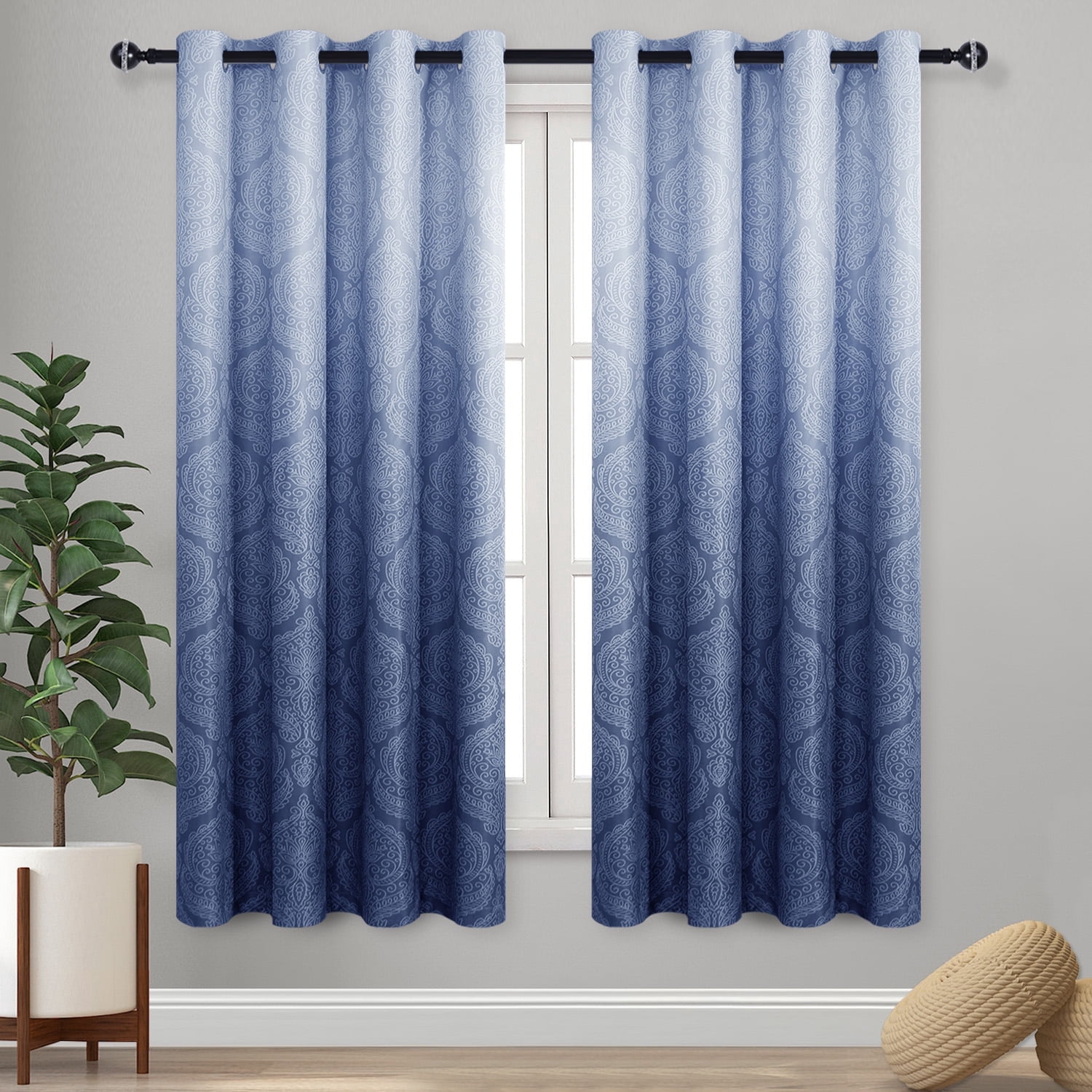JIUZHEN Ombre Blackout Curtains - Grommet Top Gradient Damask Pattern Thermal Insulated Drapes for Living Room and Bedroom, Set of 2 Panels, 52 x 63 Inch Length, Navy
