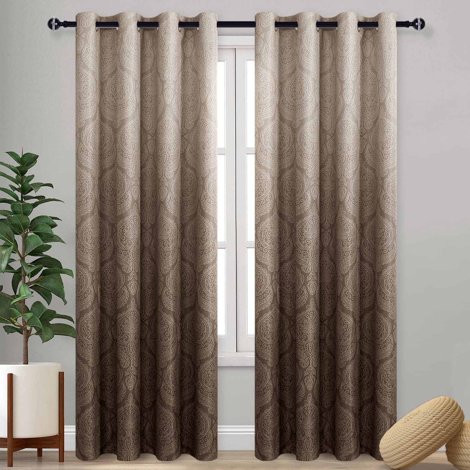 JIUZHEN Ombre Blackout Curtains for Bedroom - Grommet Top Thermal Insulated Room Darkening Window Drapes for Living Room, set of 2 Gradient Damask Curtain Panels, 52 x 96 Inches Long, Brown
