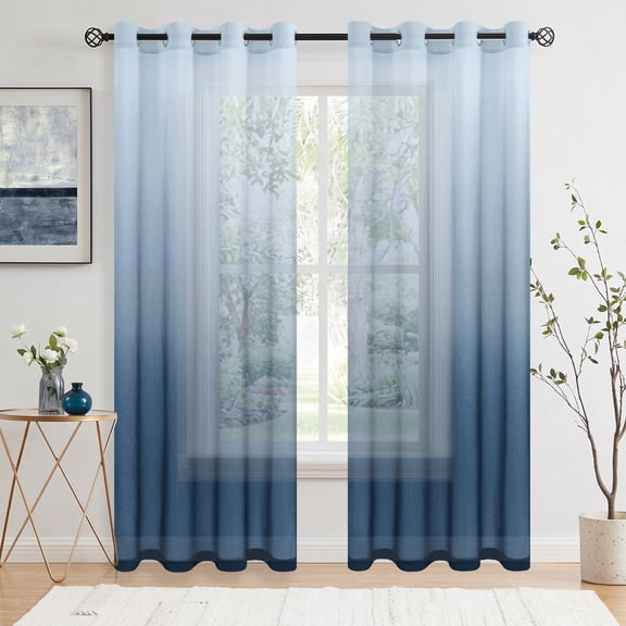 JIUZHEN Ombre Grommet Sheer Curtains 84 Inches Long Semi Sheer Voile Gradient Light Filtering Window Drapes for Bedroom Living Room, Set of 2 Panels, Denim Blue, 52 x 84 Inches Long
