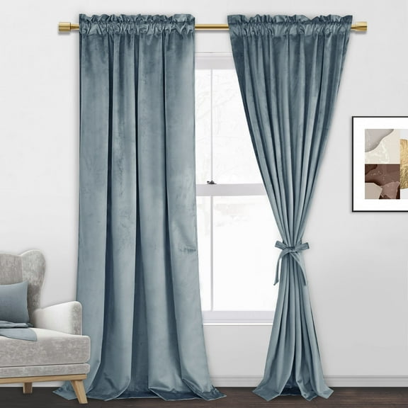 JIUZHEN Retro Velvet Curtains for Living Room - Room Darkening & Noise Reducing Rod Pocket Window Drapes for Bedroom, Set of 2 Window Curtain Panels with Tiebacks, 52 x 108 inches, Stone Blue