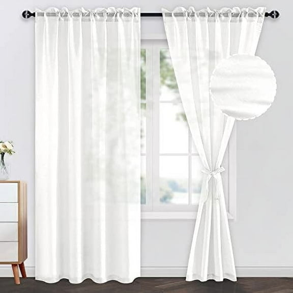 JIUZHEN Rod Pocket Sheer Curtains, Light Filtering Semi Transparent Window Curtains Drapes for Sliding Glass Door & Living Room, Set of 2 with Tiebacks, W52x L84 inch Length, Ivory