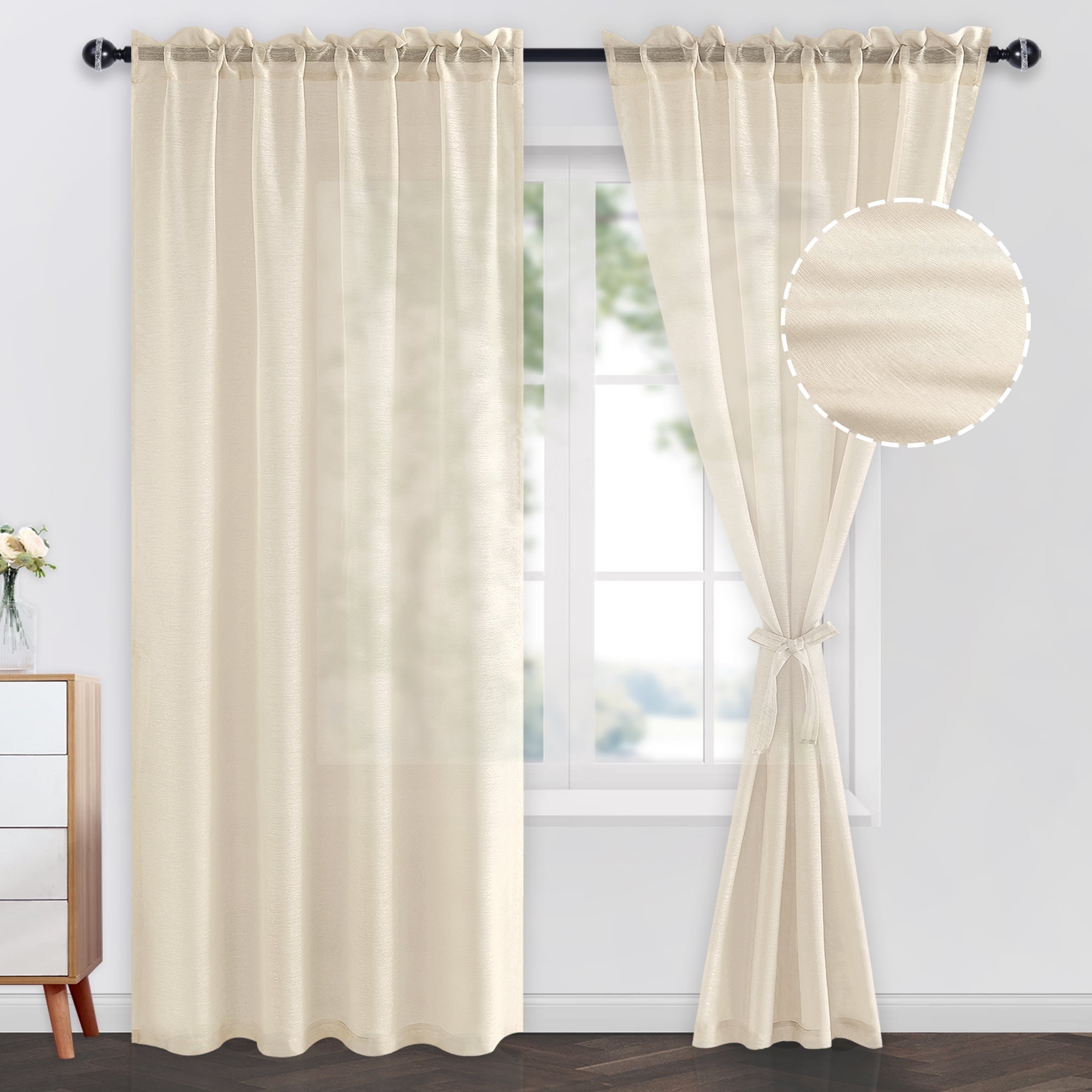 JIUZHEN Semi Sheer Curtains 84 Inches Long, Rod Pocket Light Filtering Semi Transparent Voile Window Curtains for Living Room & Bedroom, Set of 2 Panels with Tiebacks, W52 x L84, Beige