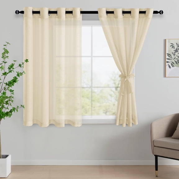 JIUZHEN Semi Sheer Curtains for Living Room - 54 inches Long with Tiebacks Light Filtering Grommet Window Curtains for Balcony/Office, 52Wx 54L, Set of 2 Panels,Beige