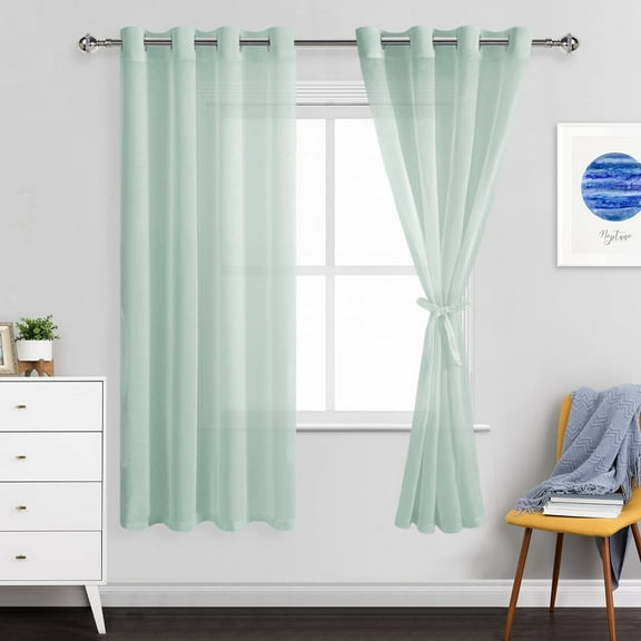 JIUZHEN Semi Sheer Curtains for Living Room - 72 inches Long with Tiebacks Light Filtering Grommet Window Curtains for Bedroom/Office, 52Wx 72L, Set of 2 Panels,Bean Green