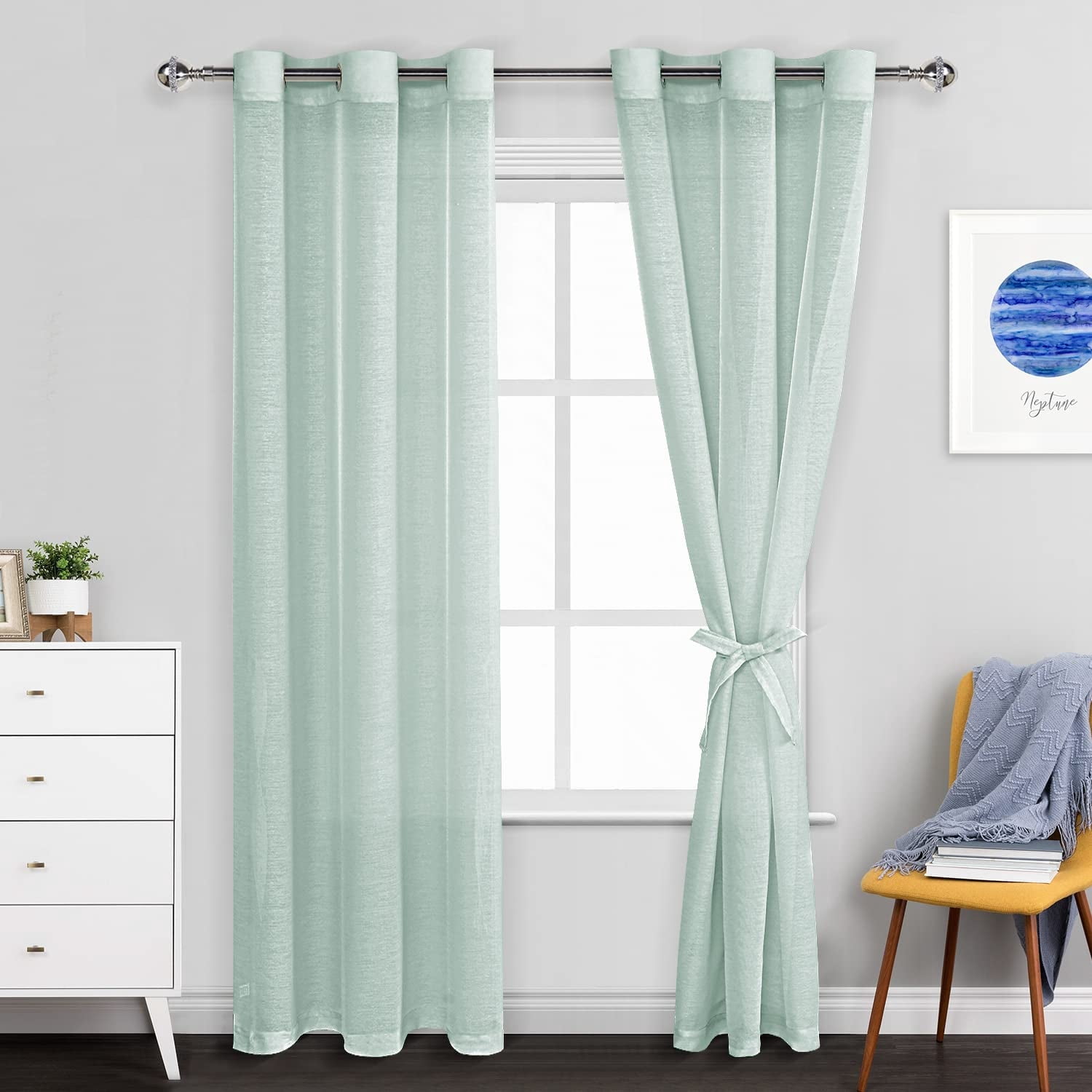 JIUZHEN Semi Sheer Curtains for Living Room - 84 inches Extra Long with Tiebacks Light Filtering Grommet Window Curtains for Bedroom/Office, 42Wx 84L, Set of 2 Panels,Bean Green